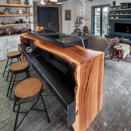 Modern Live Edge Bar Countertop And Tree Stump Stools For Kitchen Island