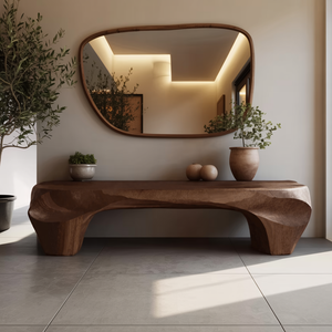 Modern Sculptural Bench And Wall Mirror For Entryway