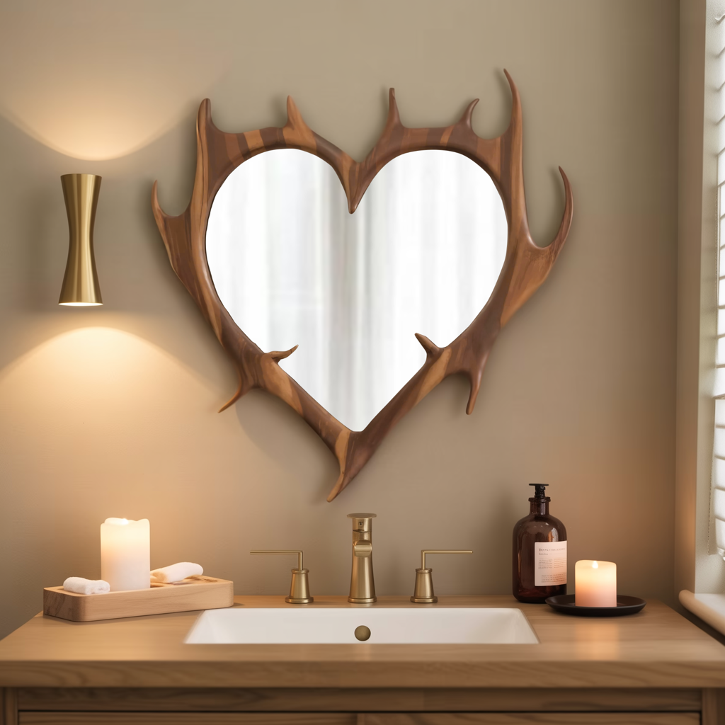 Rustic Antler Heart Wall Mirror For Bedroom And Entryway