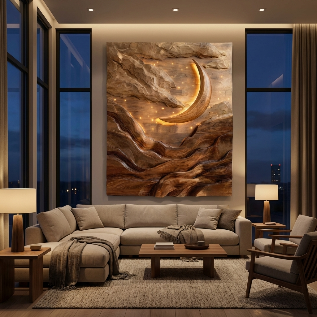 Crescent Moon Mountain Wood Wall Art For Living Decor