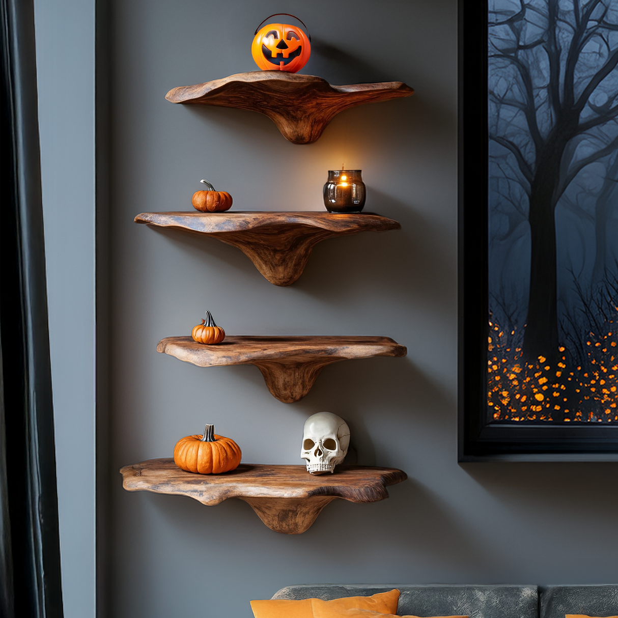 Handcrafted Live Edge Mushroom Shelf For Halloween Entryway
