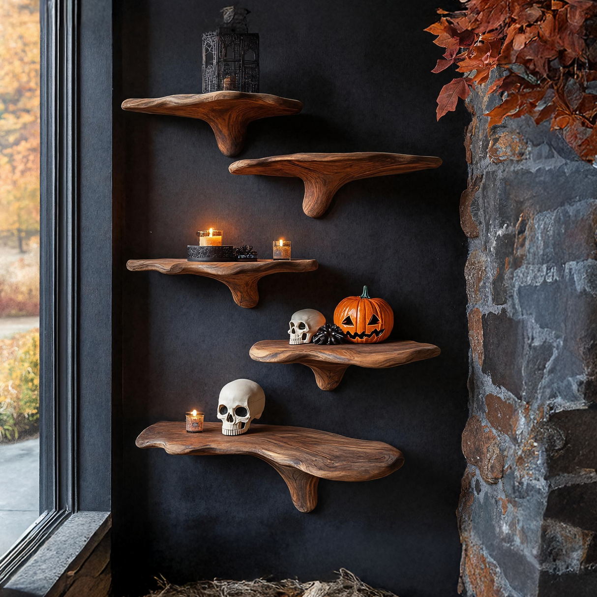 Mid Century Live Edge Mushroom Shelf Halloween Bedroom Styling