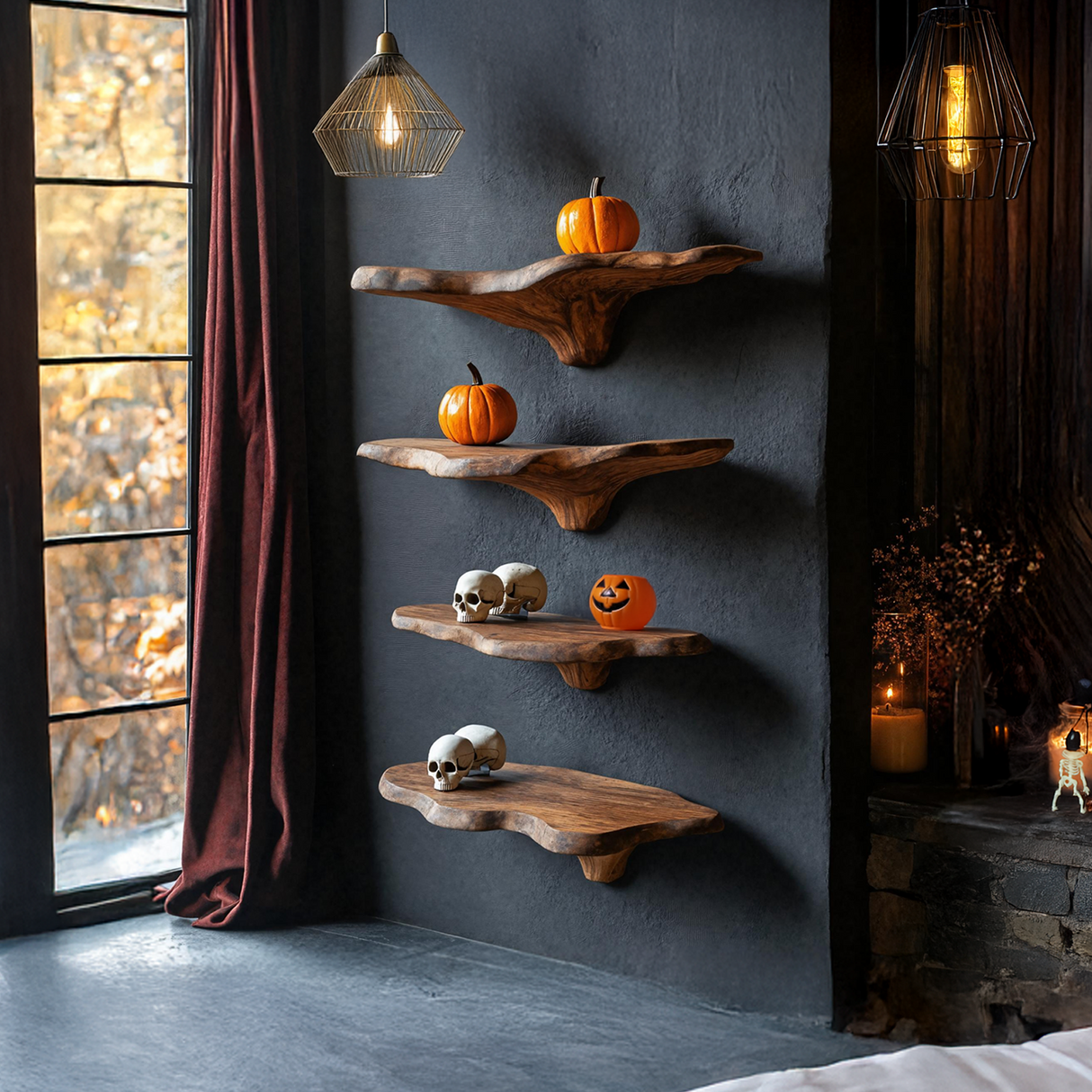 Mid Century Solid Wood Mushroom Shelf For Halloween Wall Design
