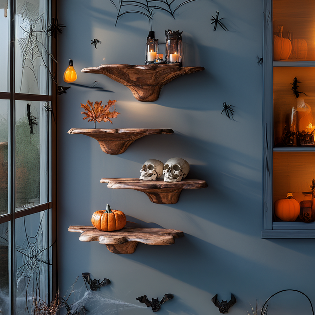 Mid Century Wooden Mushroom Shelf For Halloween Living Room