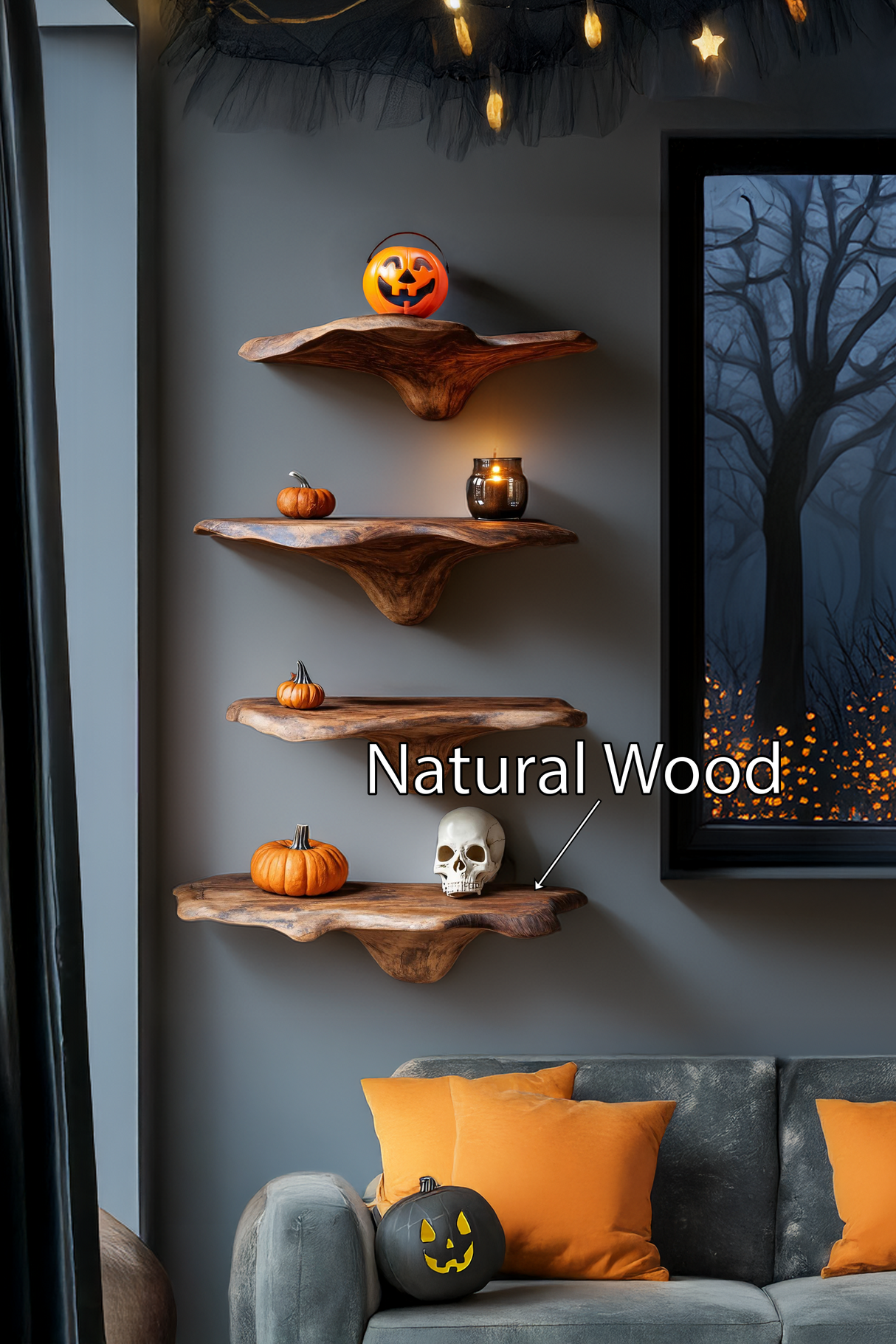 Handcrafted Live Edge Mushroom Shelf For Halloween Entryway