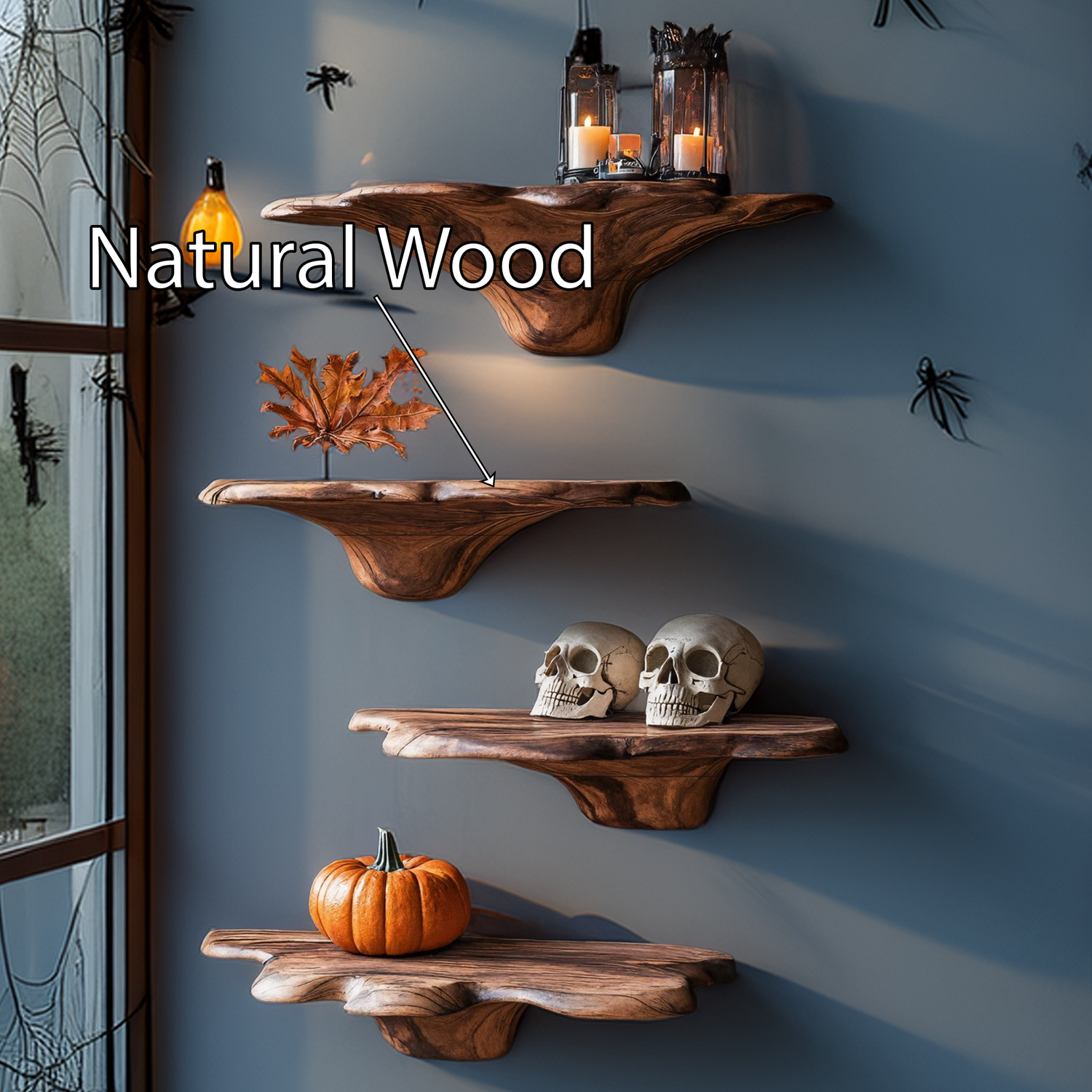 Mid Century Wooden Mushroom Shelf For Halloween Living Room