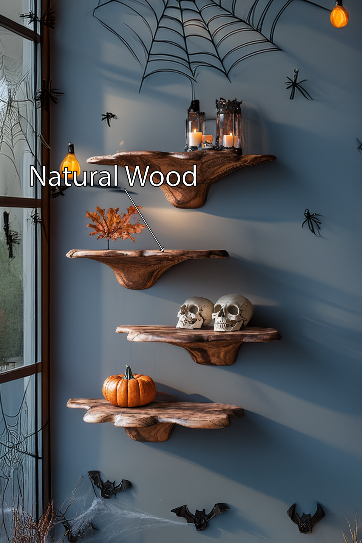 Mid Century Wooden Mushroom Shelf For Halloween Living Room