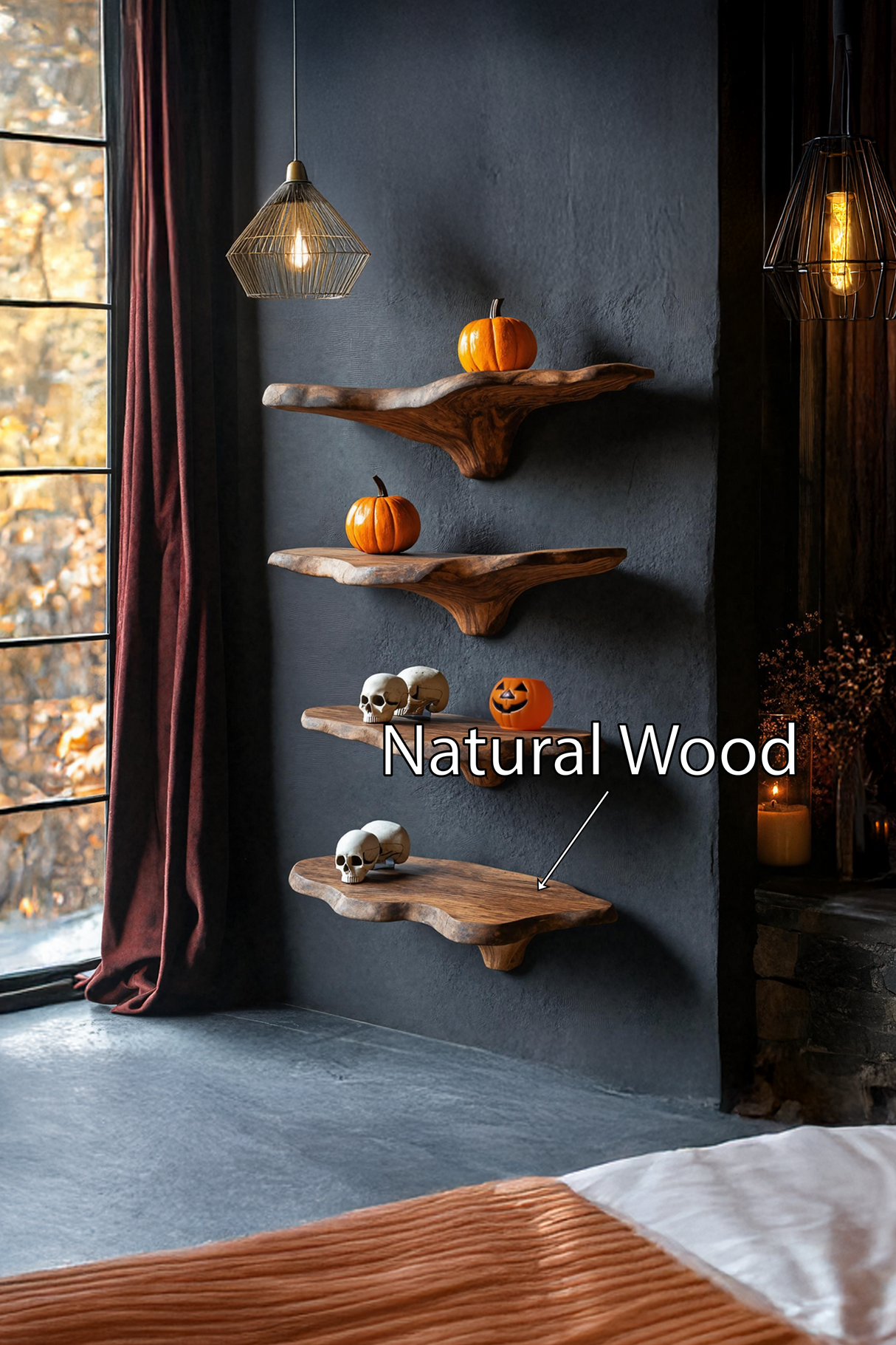 Mid Century Solid Wood Mushroom Shelf For Halloween Wall Design