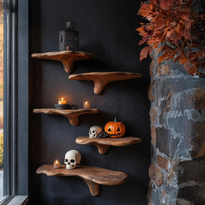 Mid Century Live Edge Mushroom Shelf Halloween Bedroom Styling