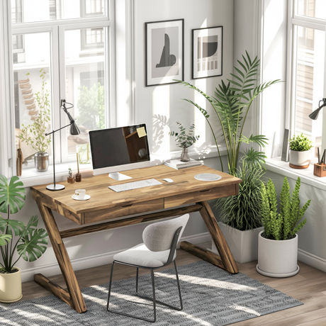 Modern Z Leg Wooden Writing Desk With Drawers For Home Office Or Studio