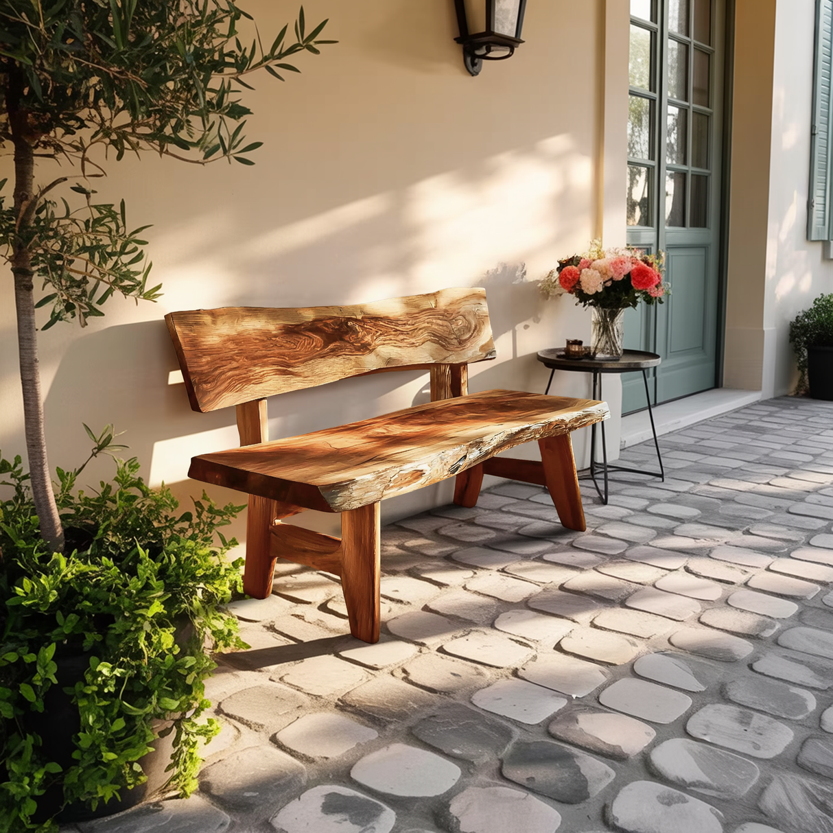 Live Edge Outdoor Wood Bench For Patio And Backyard