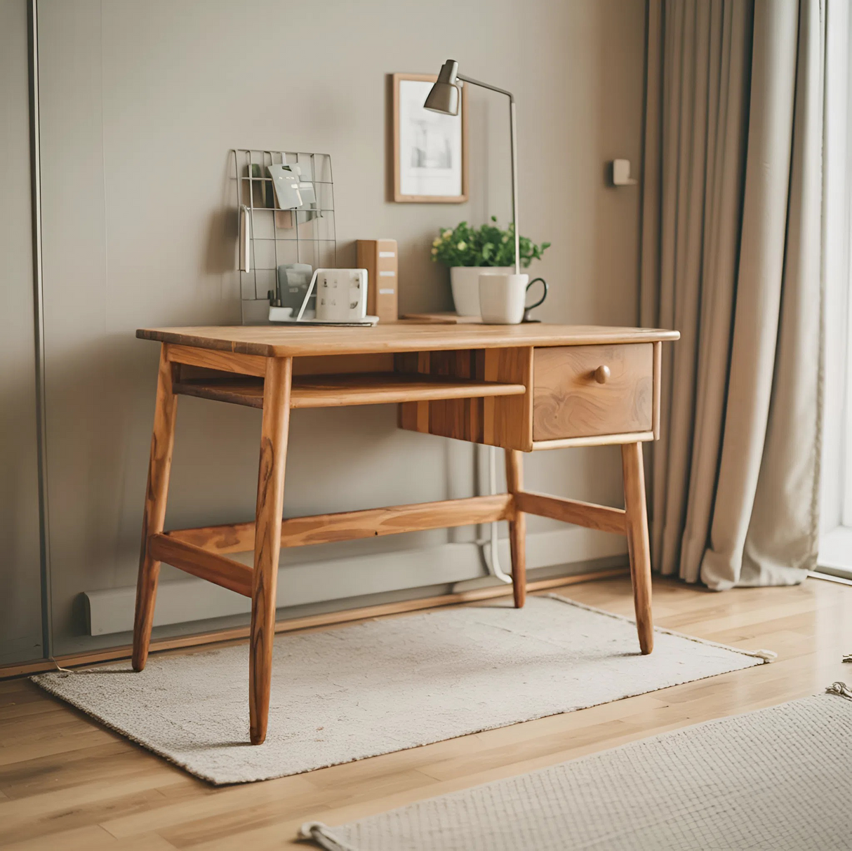 Minimalist Wooden Desk With Drawer And Keyboard Shelf For Home Office