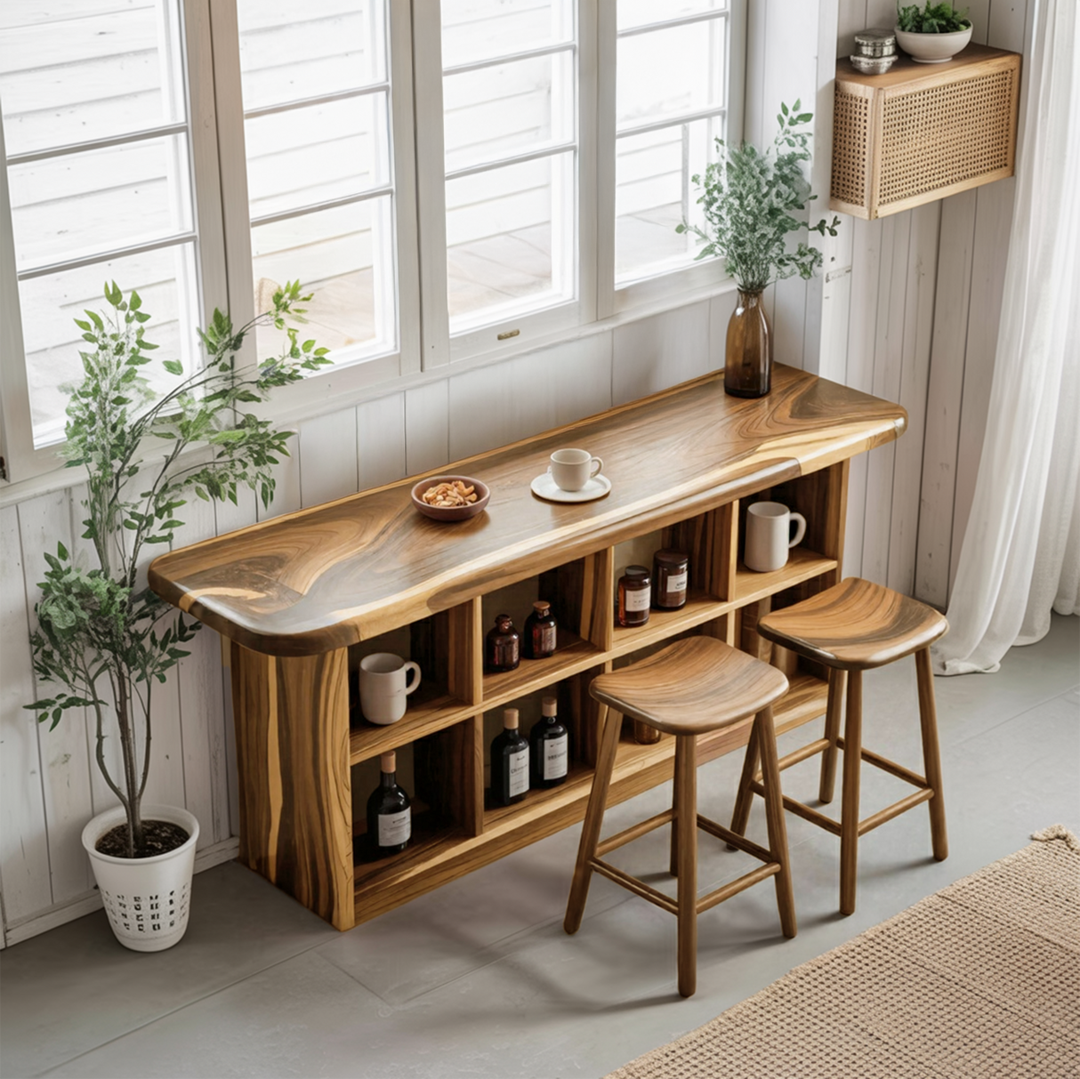 Wooden Bar Table With Storage For Compact Kitchen Or Coffee Bar