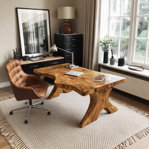Organic Live Edge Desk With Sculptural Base For Workspace