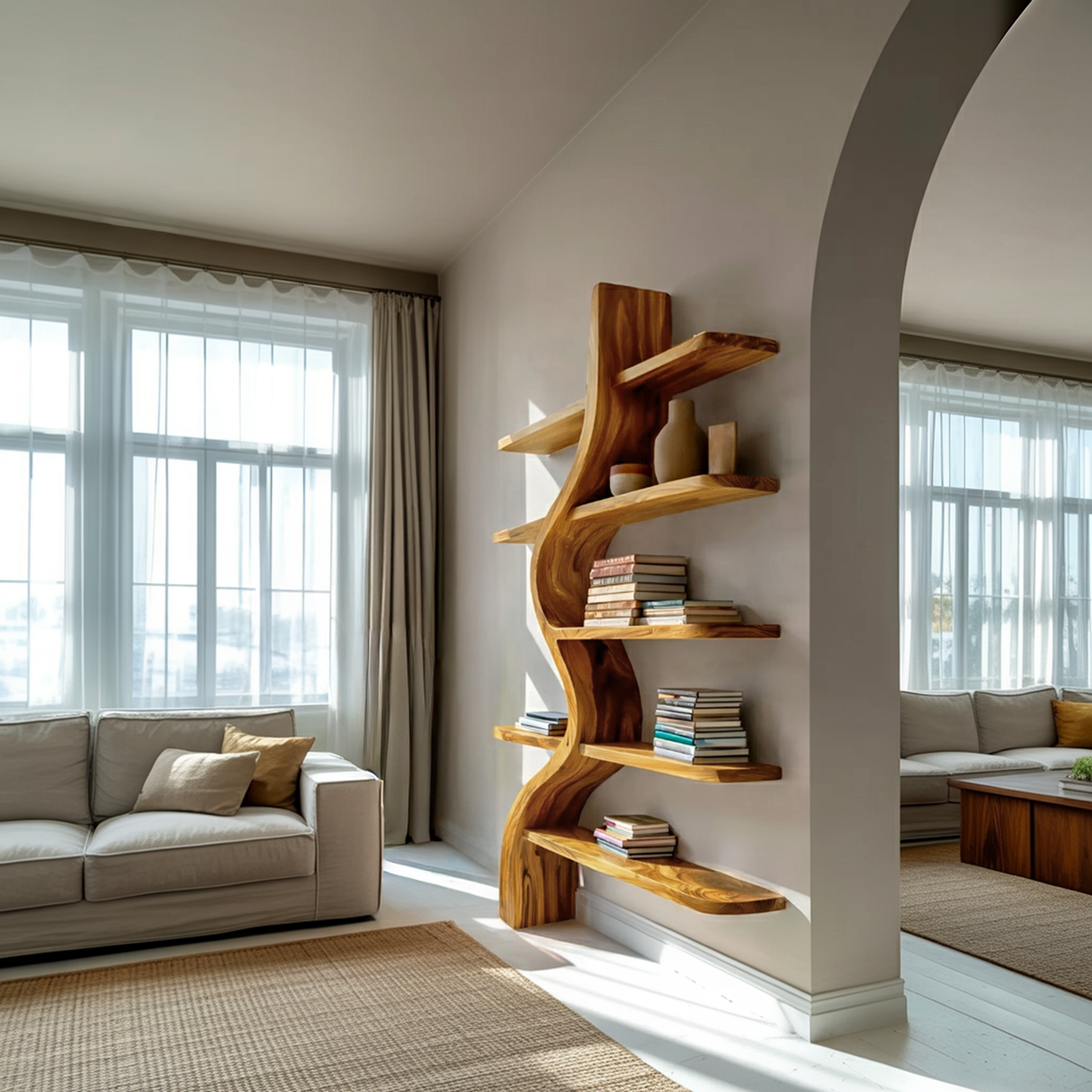 Artistic Wooden Bookshelf For Japandi Modern Interior