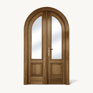 Arched Double Entry Door With Glass Panels For Mediterranean And Spanish Homes