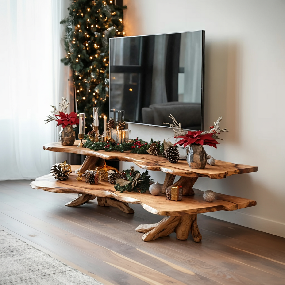 Mid Century Wooden Live Edge TV Console For Holiday Bedroom Christmas