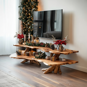 Mid Century Wooden Live Edge TV Console For Holiday Bedroom Christmas