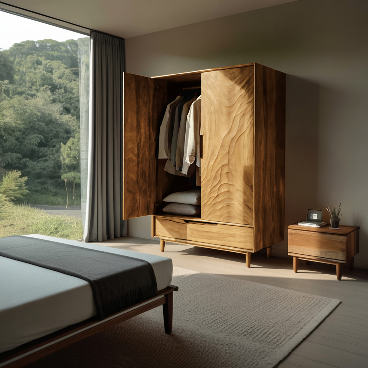 Organic Wardrobe With Carved Door For Bedroom