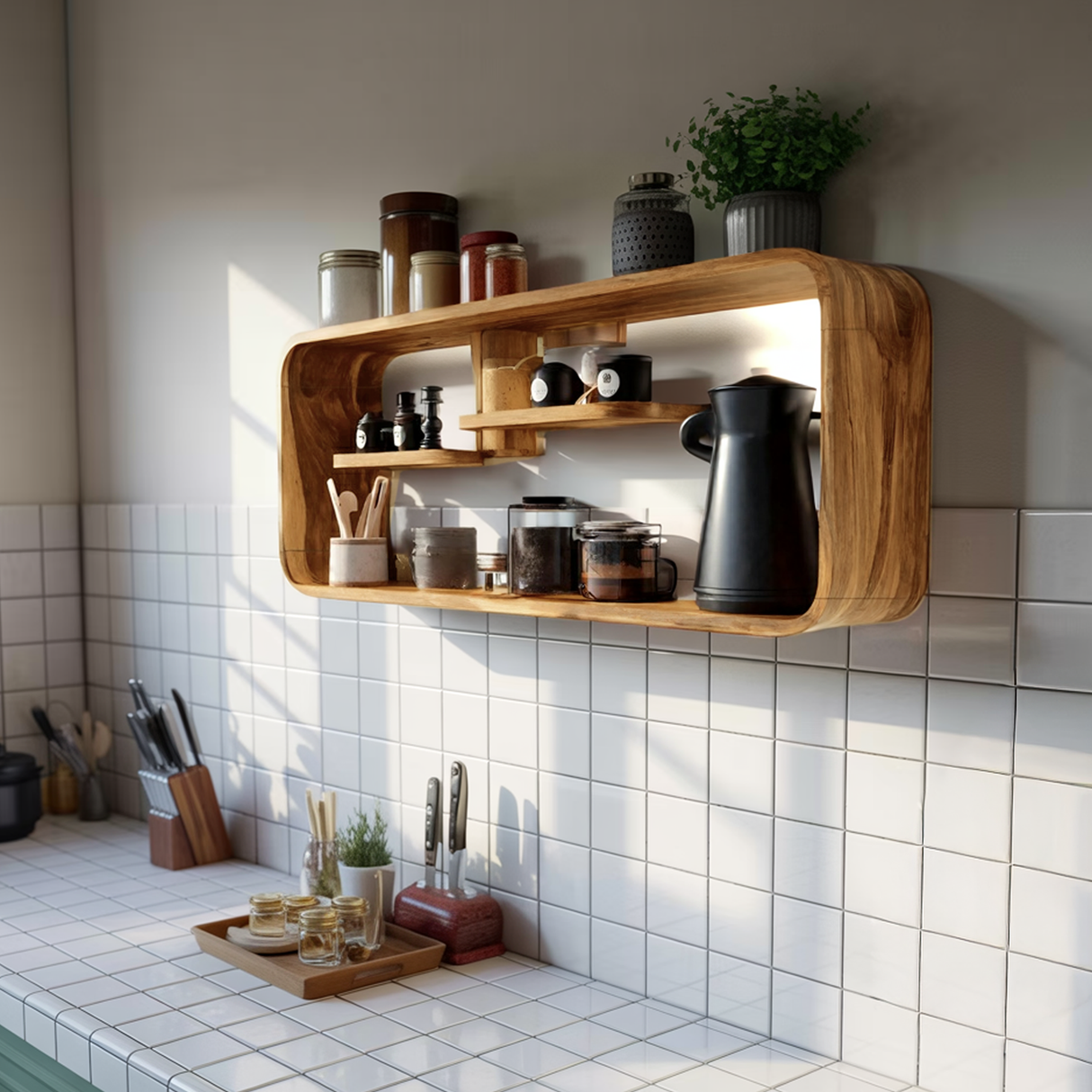 Modern Curved Wooden Kitchen Shelf For Furniture Decor