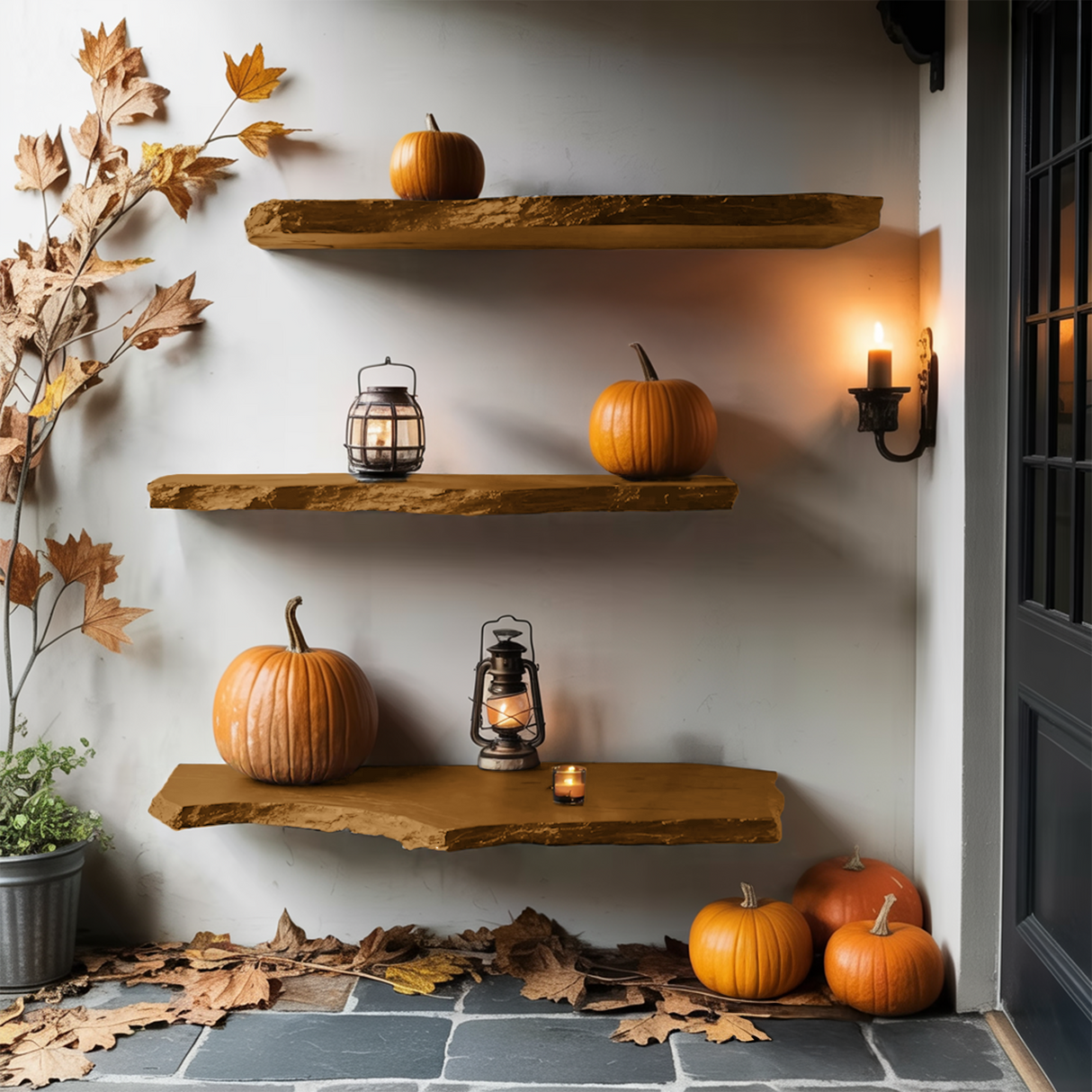 Farmhouse Wooden Floating Shelf For Entryway Design With Halloween Storage