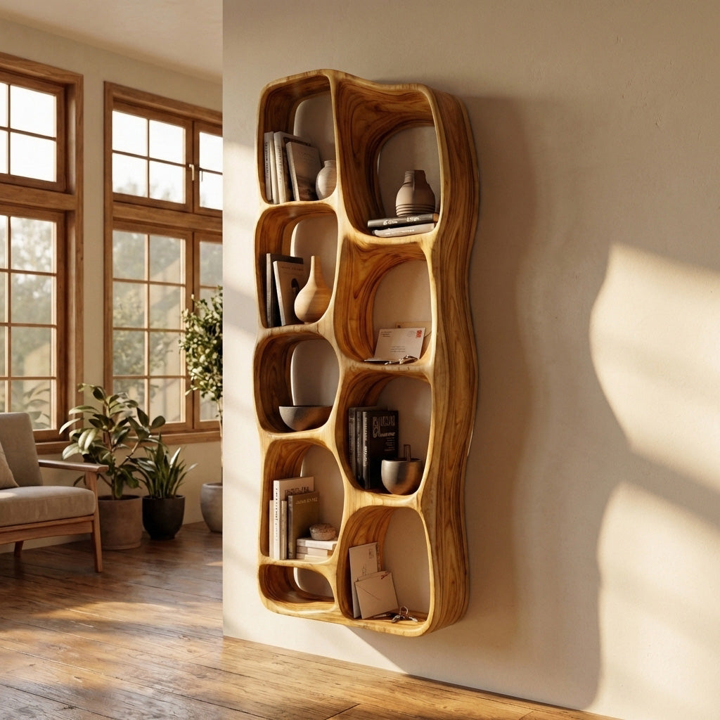 Modern Sculptural Wooden Wall Mounted Shelf For Living Room