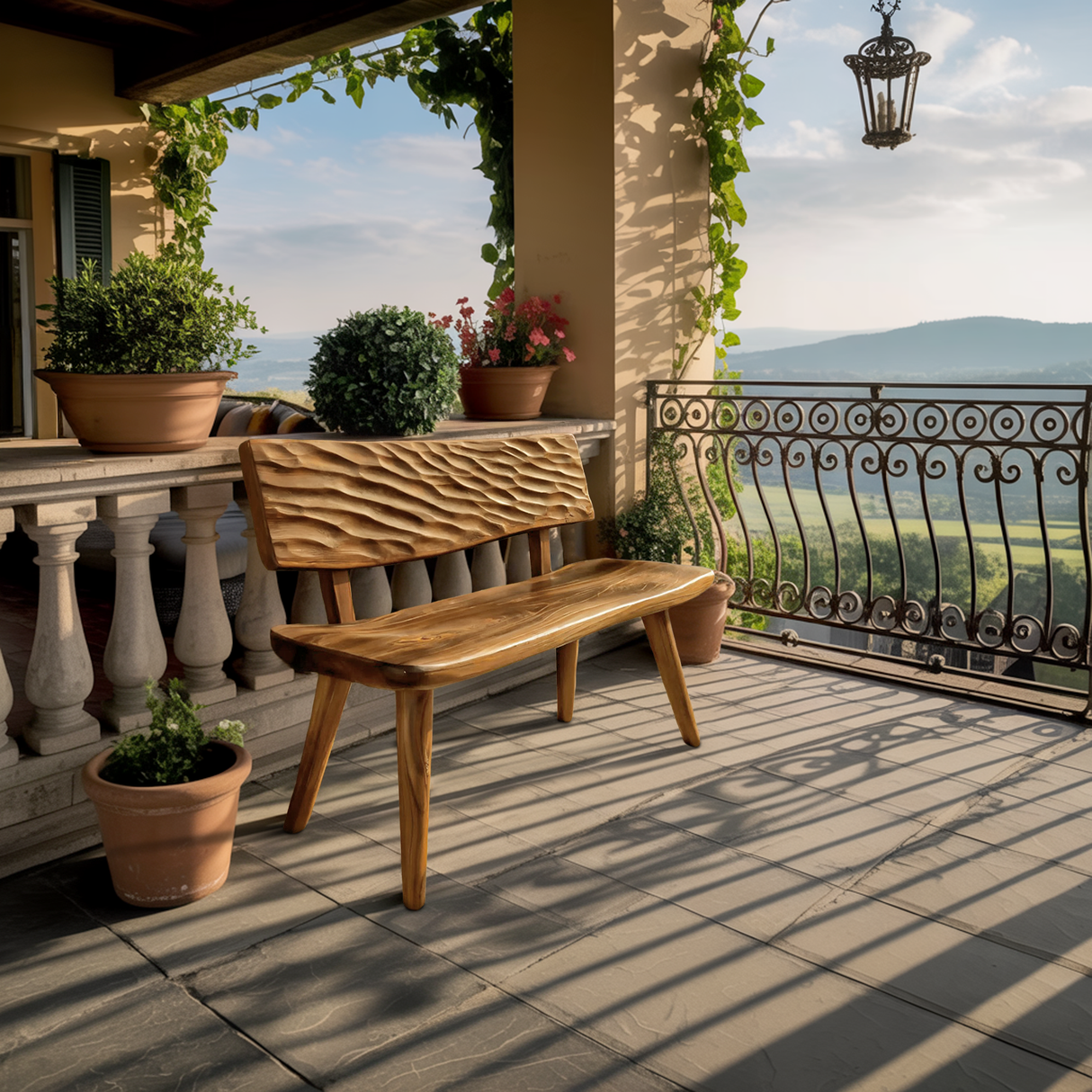 Modern Outdoor Wood Bench With Carved Backrest For Patio