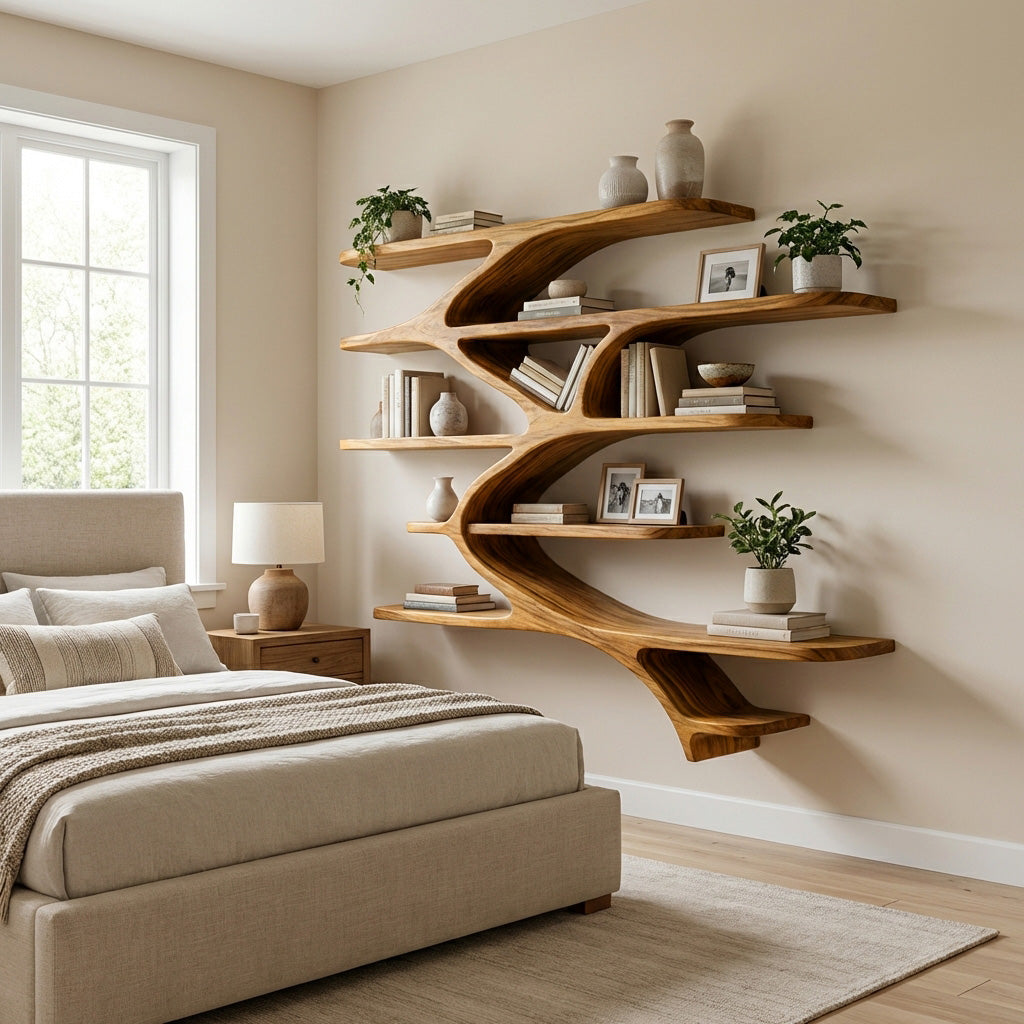 Contemporary Sculptural Natural Wood Wall Shelf For Modern Home