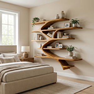 Contemporary Sculptural Natural Wood Wall Shelf For Modern Home