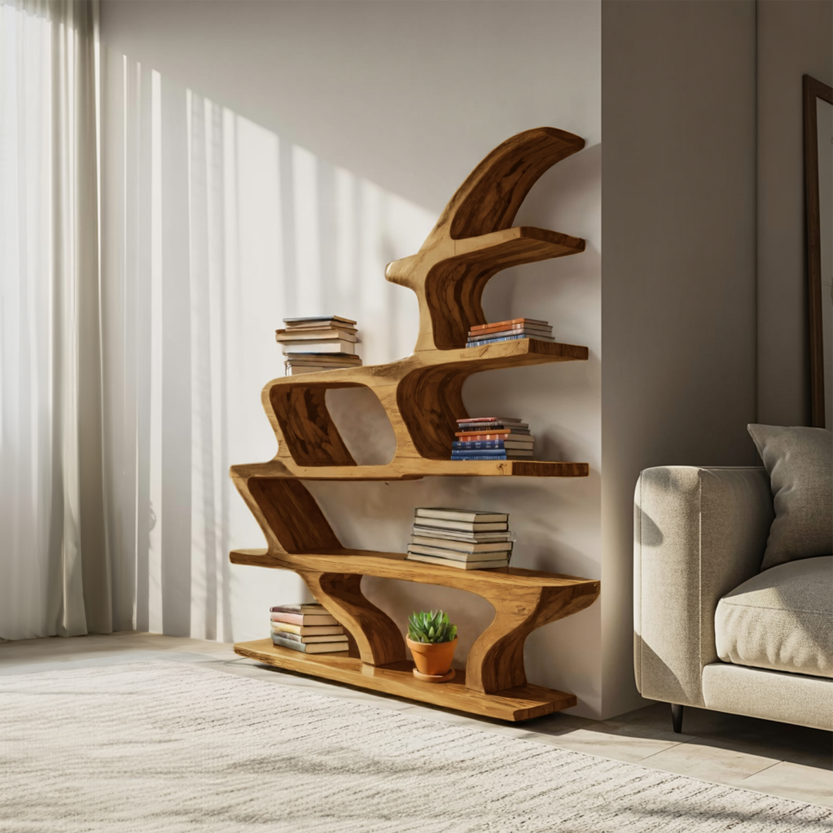 Modern Sculptural Bookshelf With Fluid Shelving For Living Room