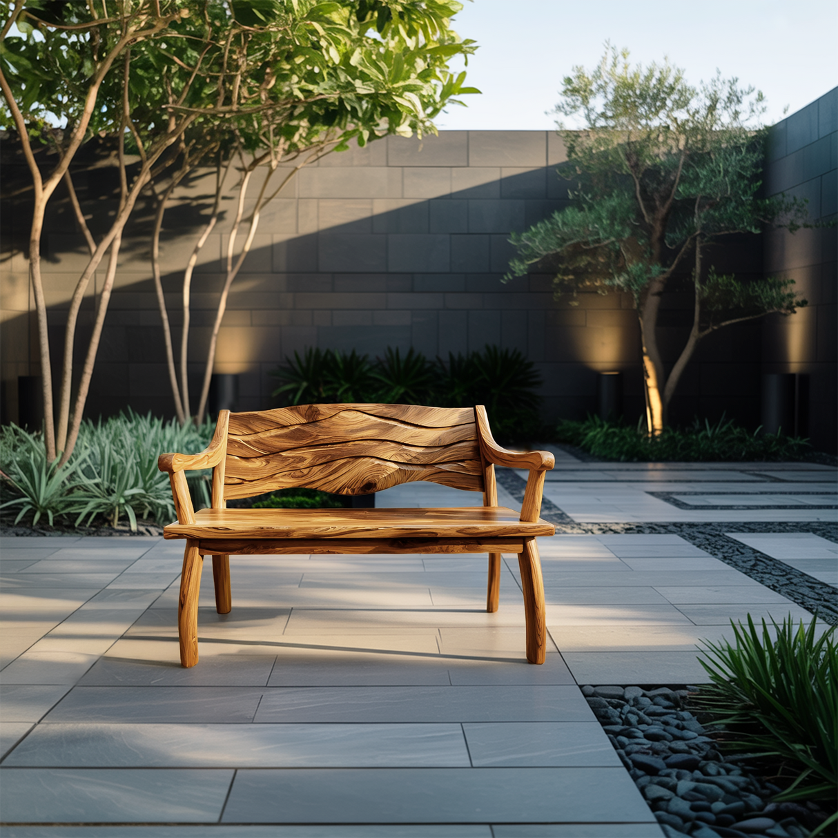 Outdoor Wood Bench With Wave Carved Backrest For Exterior
