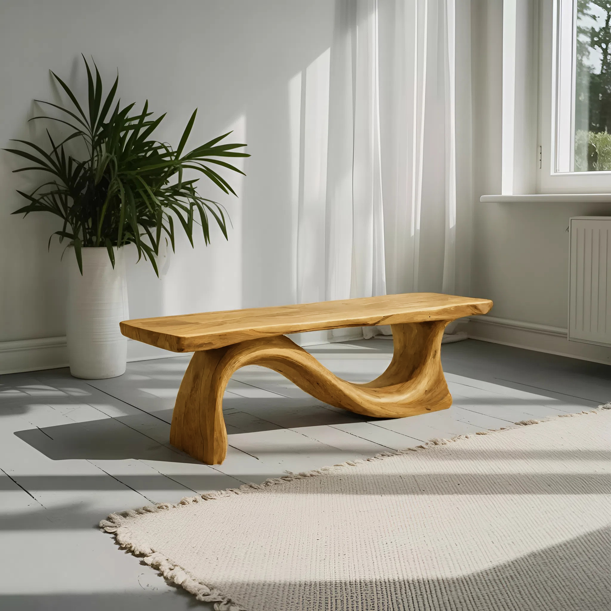 Contemporary Organic Sculpted Live Edge Bench For Living Room