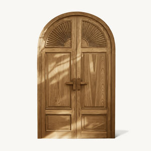 Mediterranean Arched Entry Door With Carved Sunburst For Garden And Villa