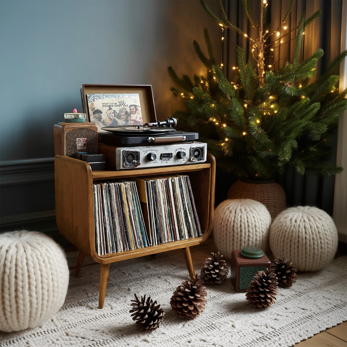 Farmhouse Solid Wood Record Stand For Cozy Christmas Decor