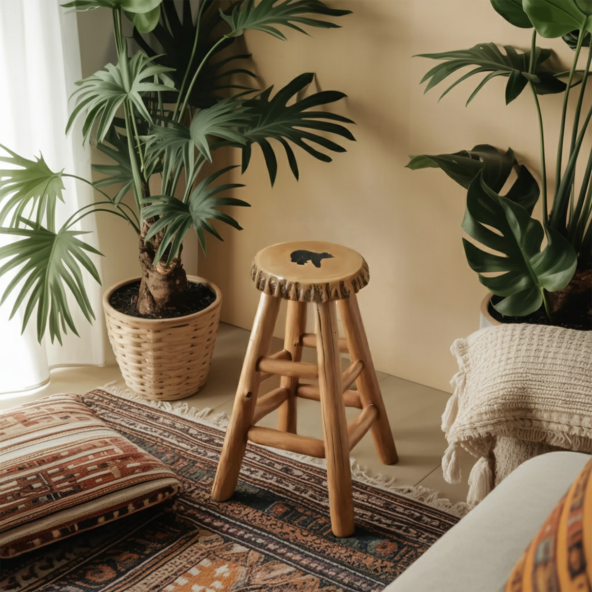 Rustic Black Bear Stool For Cabin Living Room Seating
