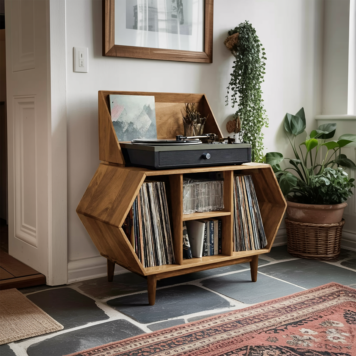 Farmhouse Solid Wood Record Stand For Entryway Furniture Decor