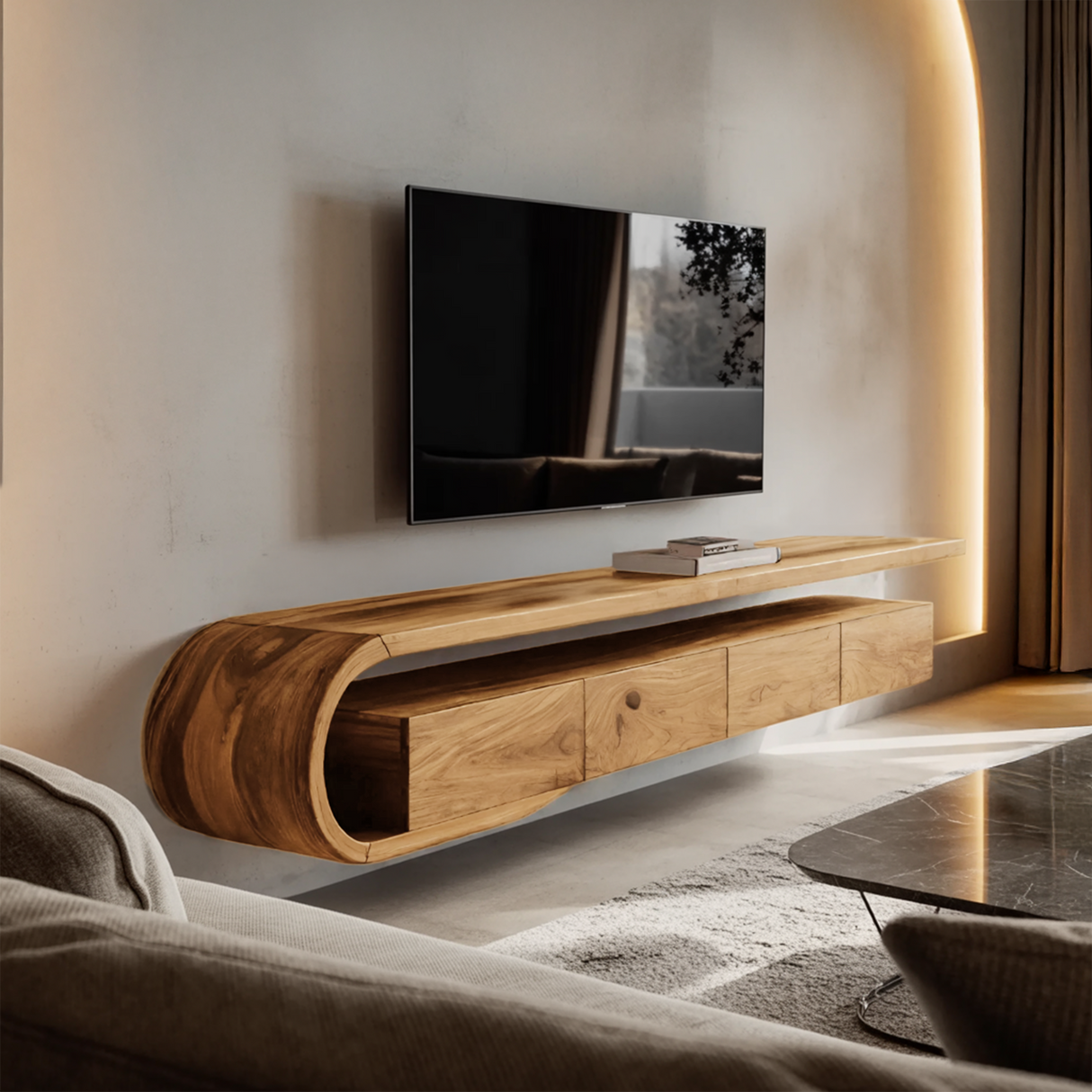 Modern Sculptural Wall Mounted TV Console For Living Room