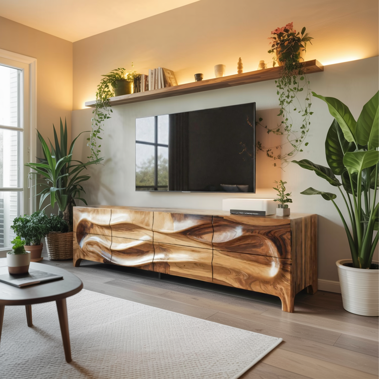 Sculpted Wave TV Cabinet With Carved Front For Living Room And Entertainment Center