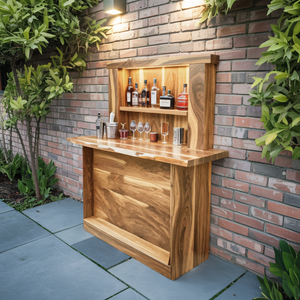 Live Edge Wall Mounted Outdoor Bar With Shelf And Lights For Patio Or Garden