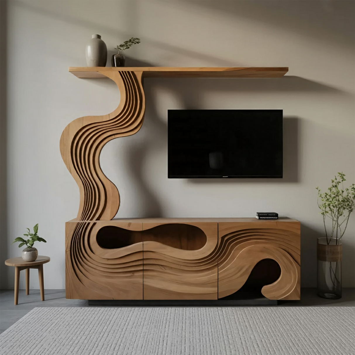 Sculptural TV Console With Wave Layers Entertainment Cabinet For Living Room And Media Wall