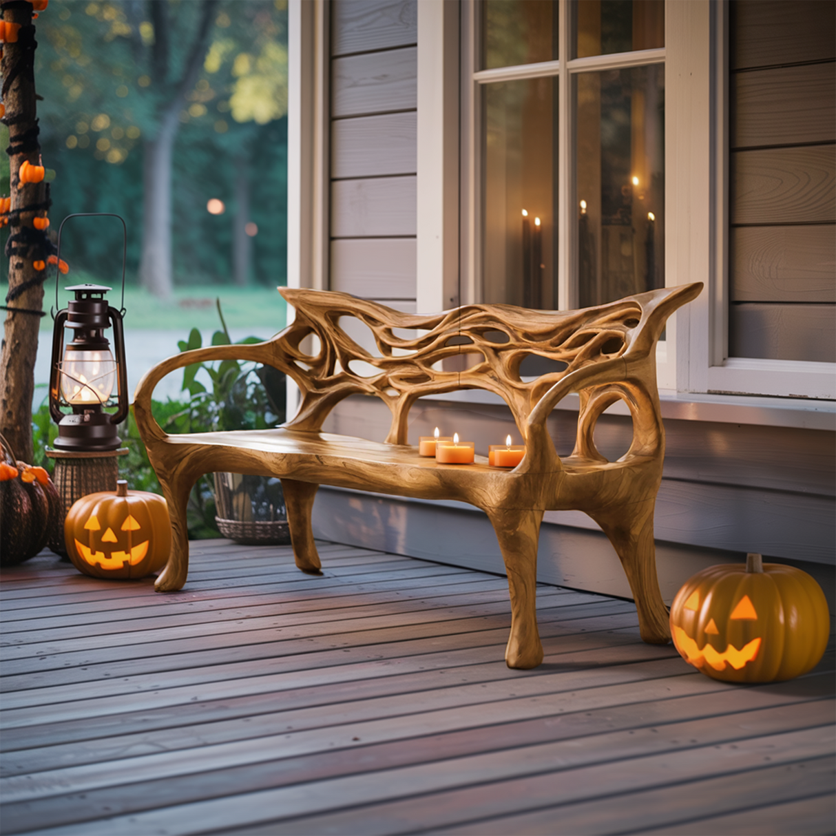 Mid Century Solid Wood Halloween Bench For Outdoor Design