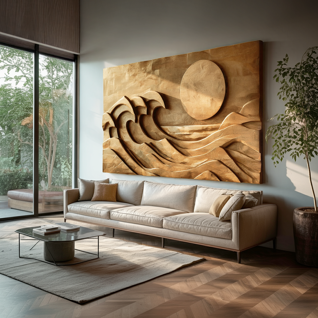 Modern Carved Wall Art Waves And Sun For Home Decor