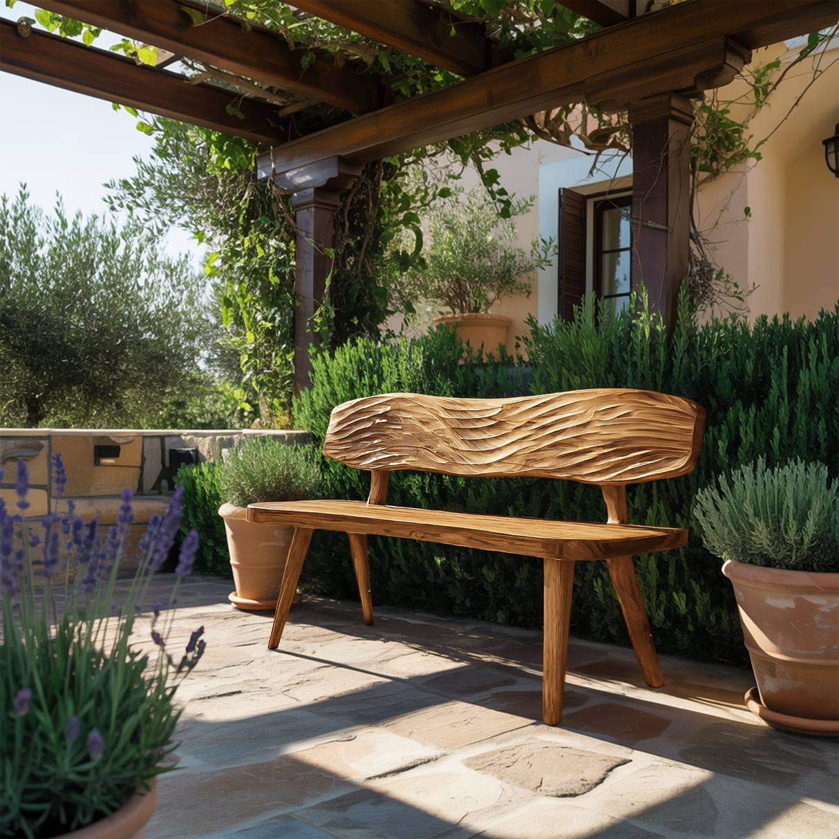 Outdoor Wooden Bench With Wave Carved Backrest For Garden