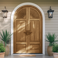 Mediterranean Arched Entry Door With Carved Sunburst For Garden And Villa
