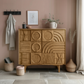 Geometric Carved Cabinet With Sculpted Doors For Entryway And Living Room