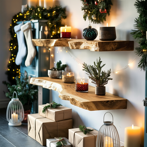Mid Century Wooden Floating Shelf For Cozy Christmas Bedroom Setup