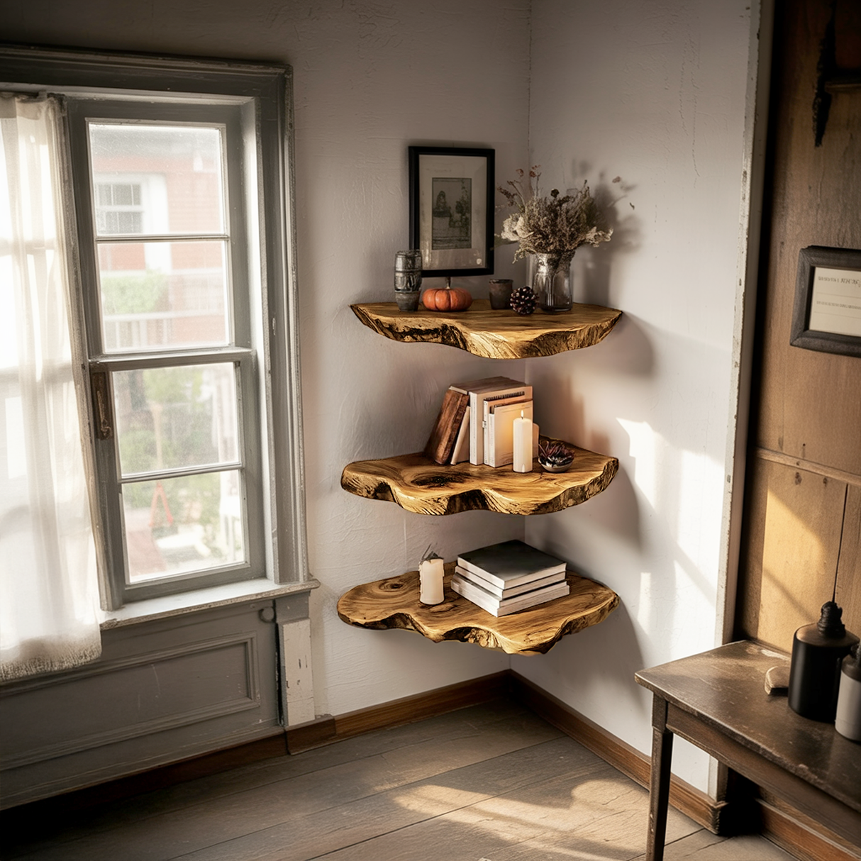 Handcrafted Wooden Live Edge Corner Shelf For Furniture Decor
