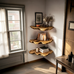 Handcrafted Wooden Live Edge Corner Shelf For Furniture Decor