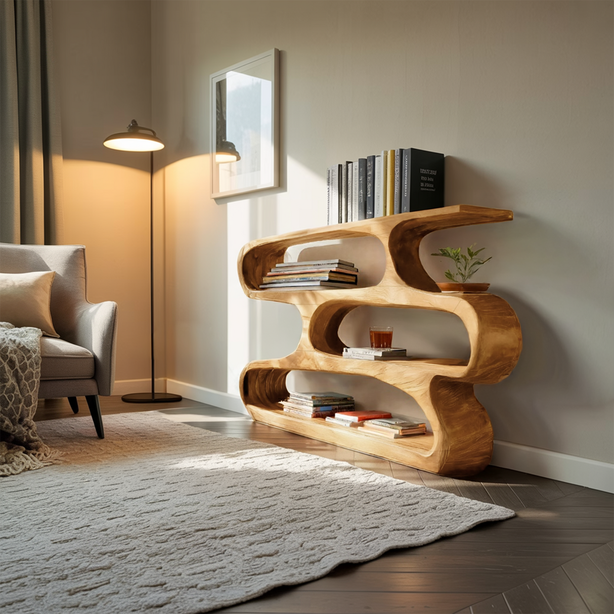 Modern Curved Bookcase For Minimalist Living Room Decor