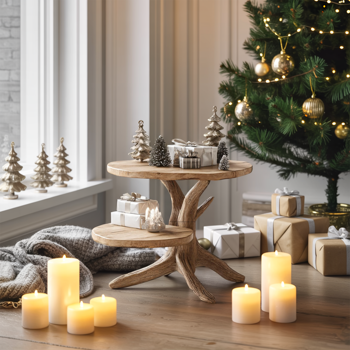 Handcrafted Wooden End Table For Living Room Christmas Accent Piece